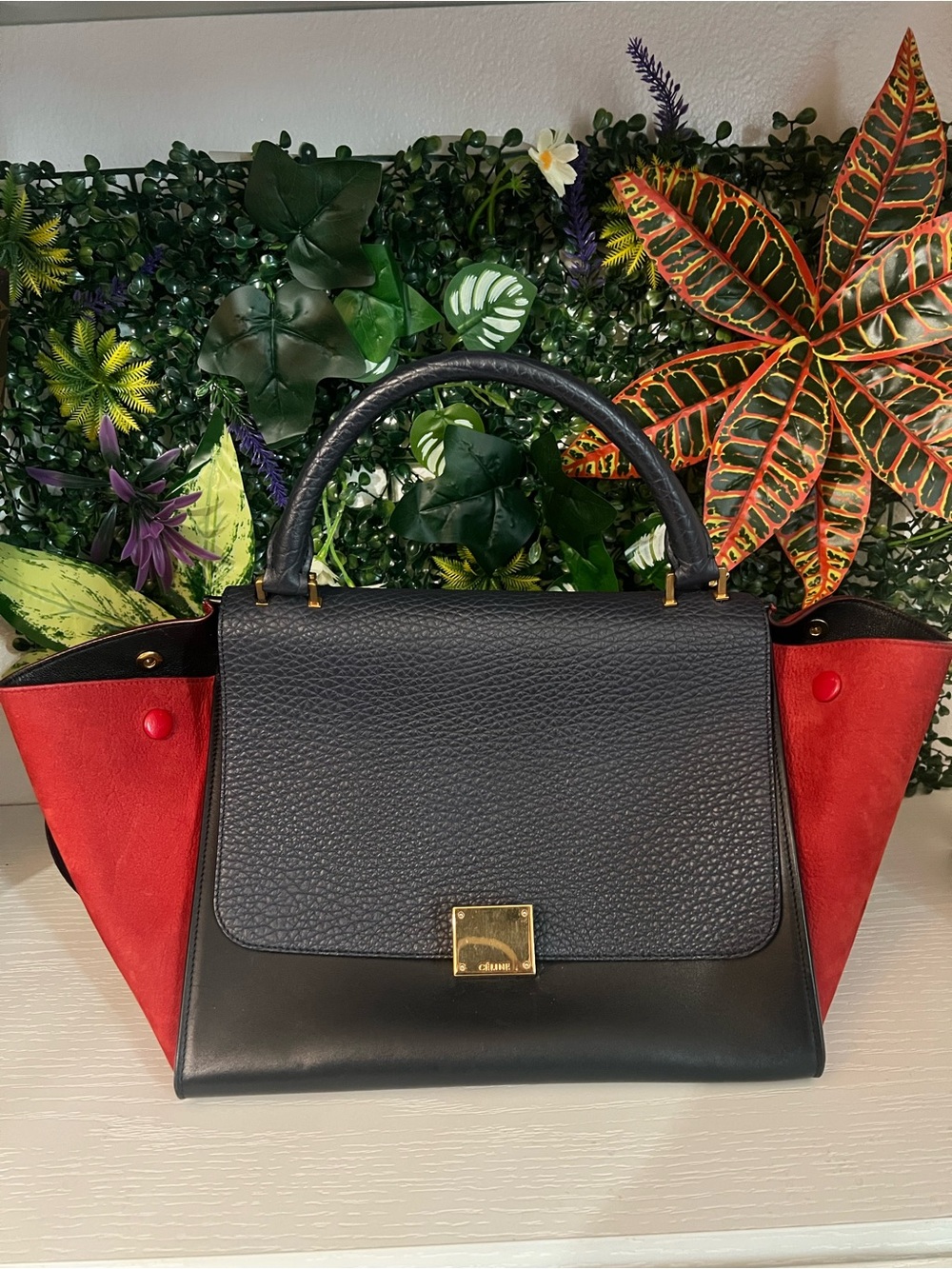 Celine Trapeze Black Leather & Red Suede Top-Handle Bag